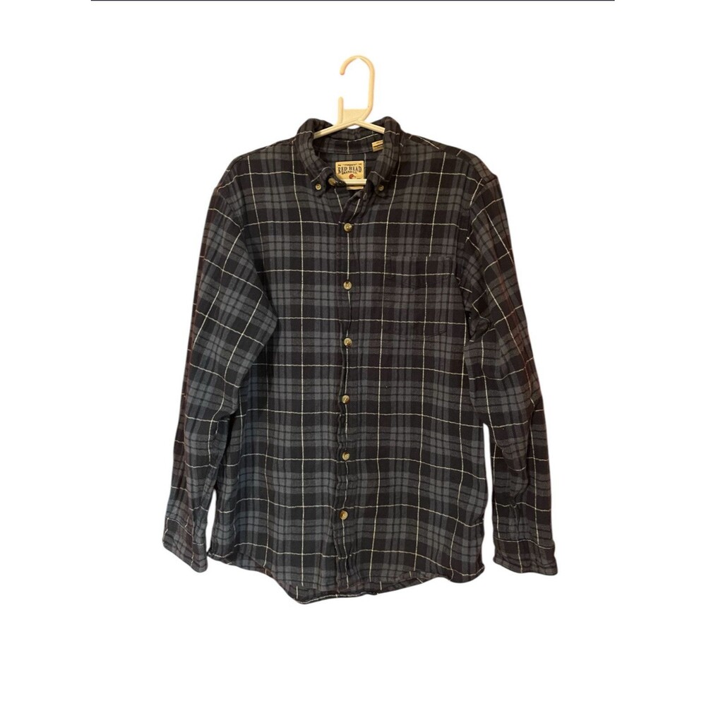 RedHead Men’s Flannel Shirt Size L GrayBlue Plaid Long Sleeve Button Down Outs.